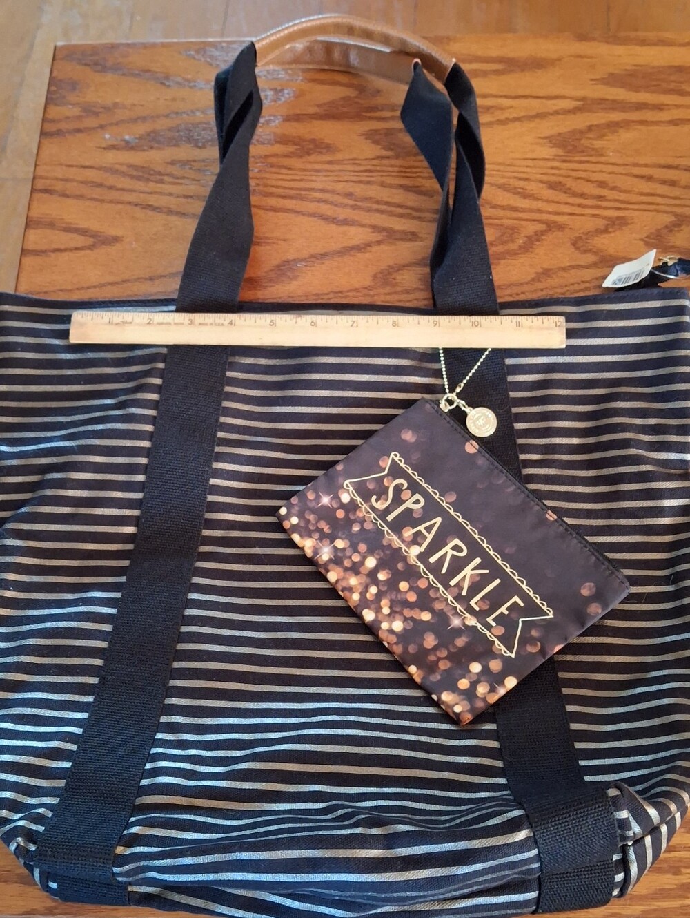 NWT Bath & Body Works SPARKLE Striped Weekender Large Tote Bag - Black & Grey